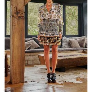 NEW FARM RIO floral tapestry mini dress in silver multi